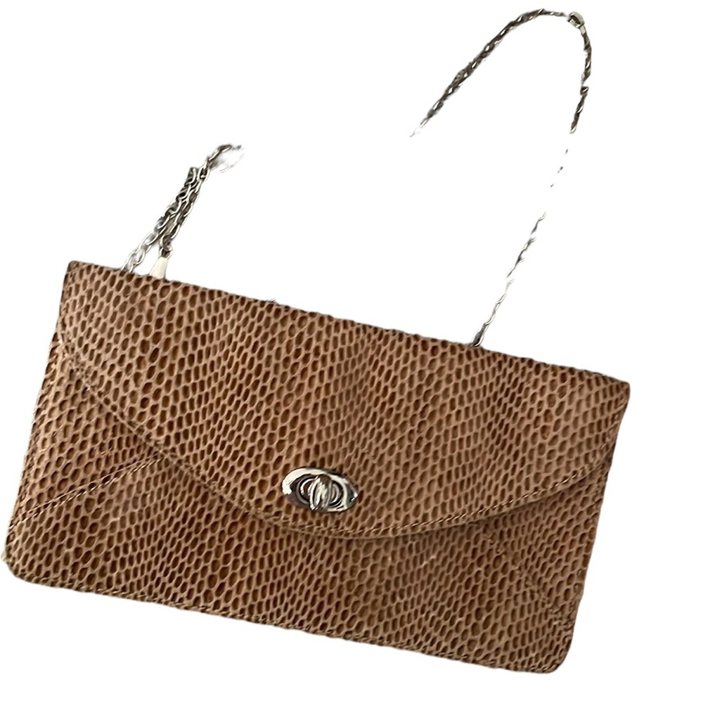 Snakeskin Purse Shoulder Clutch Bag Caramel Tan Animal Print Silver Chain Trendy